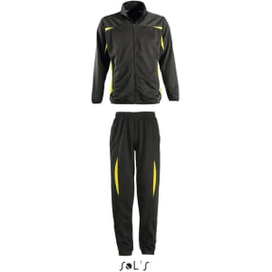 A full tracksuit set in black with yellow accents, featuring a zip-up top and matching pants.