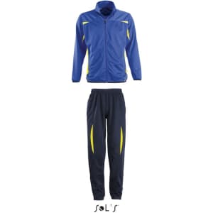 A blue tracksuit featuring a zip-up jacket with yellow accents and matching navy bottoms. Includes branding.