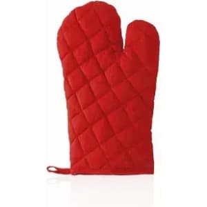 A red quilted oven mitt with a textured pattern and a loop for hanging.