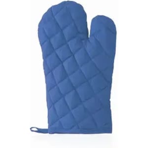A blue oven mitt with a quilted texture and a hanging loop. It has a solid colour design.