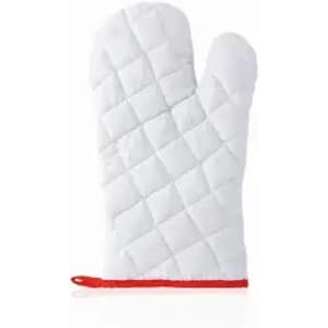 A white oven mitt with a quilted pattern and a red edge. It features a hanging loop for storage.