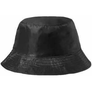 A black bucket hat with a shiny, smooth finish and a wide brim. Contains a logo on the side.