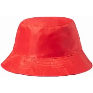 A red bucket hat with a smooth finish and a wide brim. It features a simple, unadorned design.
