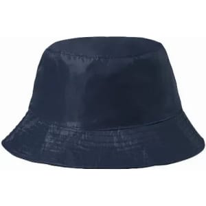 A bucket hat in navy blue with a soft, shiny finish and a wide brim. It features a logo on the side.