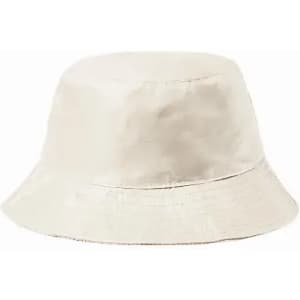 A bucket hat in a soft cream colour with a wide brim and a simple design. It features a branding logo.