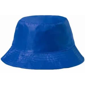 A blue bucket hat with a smooth finish and a wide brim, featuring a simple, unembellished design.