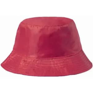A red bucket hat with a smooth finish, featuring a wide brim and a simple design.
