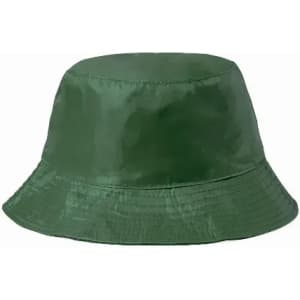 A green bucket hat with a smooth finish and a wide brim, featuring a simple design without any logos.