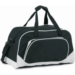 A black duffle bag with white accents, featuring dual handles and a detachable shoulder strap. It includes a front pocket and a logo.