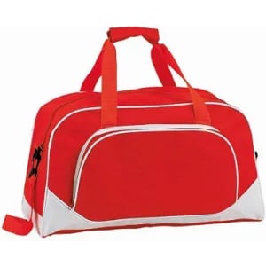 A red sports duffel bag with white accents and orange straps, featuring a front pocket and a sleek design.