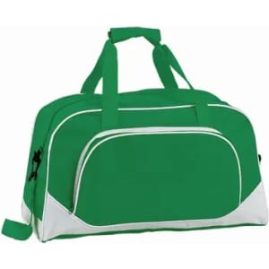 A green duffle bag with white accents and dual handles for easy carrying. It features a front pocket and a sturdy design.