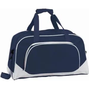 A navy blue sports bag with white accents and dual handles, featuring a logo on one side.