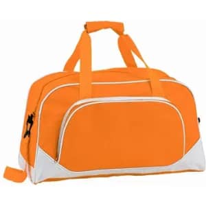 An orange duffel bag with white accents and multiple carrying handles. It features a front pocket and a logo.