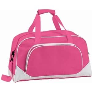 A pink duffle bag with white accents and two sturdy handles. It features a front pocket and a sleek design.