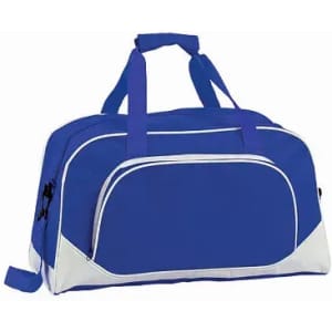 A blue sports duffle bag with white accents and two handles. It features a front zip pocket and an adjustable strap.