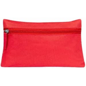 A red pouch with a zippered closure, featuring a textured fabric surface.