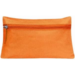 An orange zippered pouch with a smooth texture, featuring a single zip closure on one side.