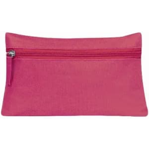 A pink pouch with a zippered closure, featuring a textured surface. It has a simple, rectangular design.
