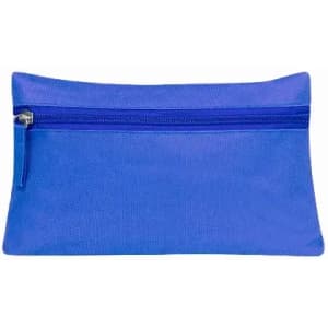 A blue zippered pouch with a smooth texture and a contrasting zipper. It has a simple, sleek design.