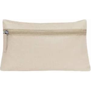 A neutral beige pouch with a zippered closure, featuring a smooth texture and simple design.
