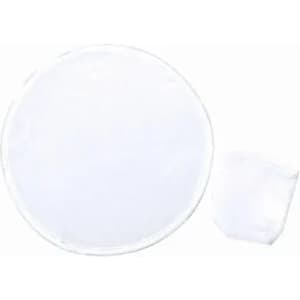 A round white product with a smaller square pouch, both featuring a transparent design.