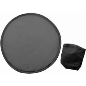 A round black reflector disc and a small pouch for storage. The disc is collapsible and portable.