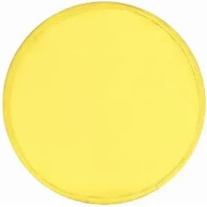 A circular yellow product with a smooth surface, featuring a logo at its centre.