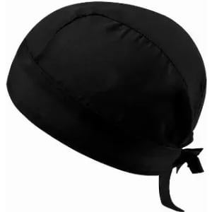 A black head scarf with a tied back detail, made from a smooth fabric.