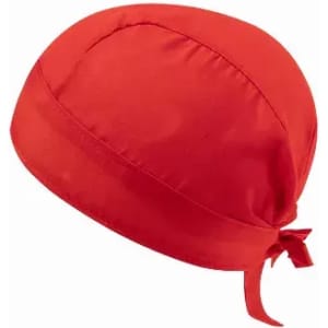 A red headscarf with a tied section at the back, featuring a smooth fabric finish. It has a simple, sleek design.