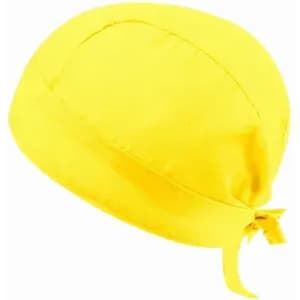 A yellow bandana-style cap with a tie at the back, made from lightweight fabric.