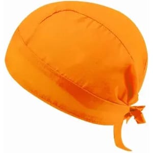 An orange bandana with a tied back design, featuring a smooth fabric texture.