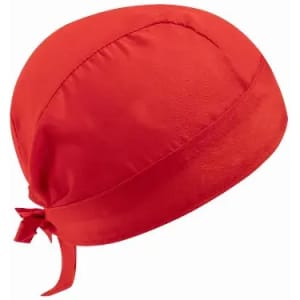 A red headwear with a tie at the back, designed for comfort and style. It features a smooth fabric finish.