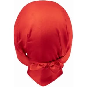 A red satin headscarf with a tied bow at the back and a smooth finish.