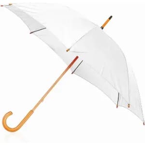 A transparent umbrella with a gold handle and black accents. The canopy is clear, allowing visibility through it.