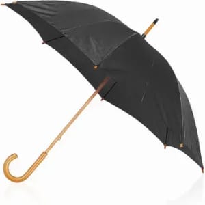 A black umbrella with a wooden handle and curved tip. The umbrella is fully opened, showcasing its canopy.