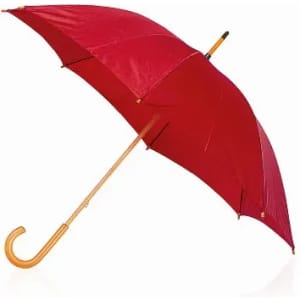 A red umbrella with a curved wooden handle, showcasing a classic design and vibrant colour.