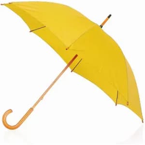 A yellow umbrella with an orange handle, featuring a curved hook. The umbrella is open and displayed against a white background.