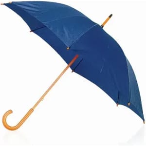 A blue umbrella with a wooden handle, featuring a classic design and a curved grip.