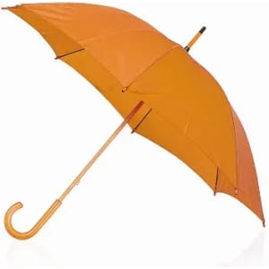 An orange umbrella with a curved handle and a metallic shaft, featuring a smooth canopy.