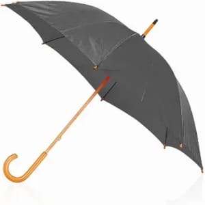 A grey umbrella with a wooden handle, featuring a curved design and metal accents.
