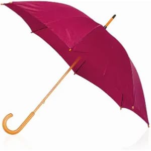 A burgundy umbrella with a gold handle, featuring a curved design and a classic structure. It has a branding logo.