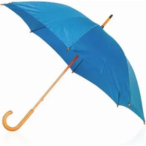 A blue umbrella with a curved wooden handle, featuring a bright fabric canopy and a sturdy frame.
