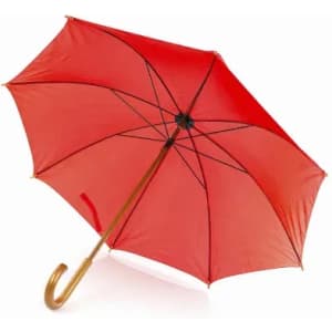 A red umbrella with a curved handle and structural ribs, featuring a simple design and a classic appearance.