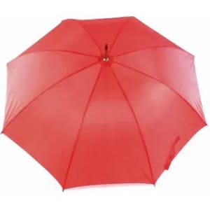 A red umbrella with a central handle, featuring a smooth fabric surface and eight panels.