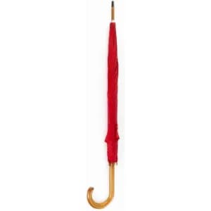 A red umbrella with a wooden handle, elegantly closed and standing upright.