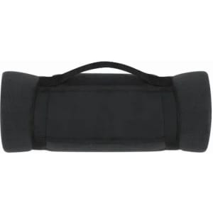 A black drink bottle with a handle, featuring a cylindrical design and foam ends. It has a logo on the side.