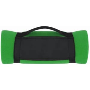 A green and black promotional product with a handle, featuring rounded ends and a soft texture. It has a branding logo.