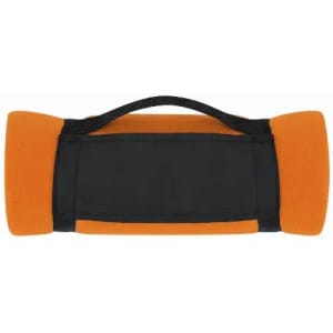 A padded portable handle in black and orange, with a central grip and rounded ends.