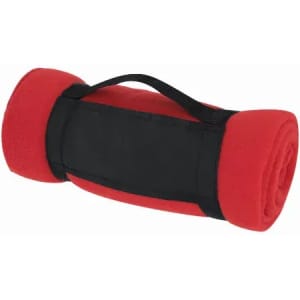 A rolled red fleece blanket secured with a black strap. The blanket features a smooth finish and soft texture.