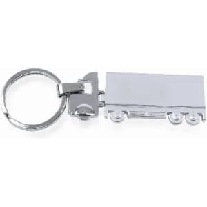 A keychain featuring a silver truck design with a circular keyring attachment.